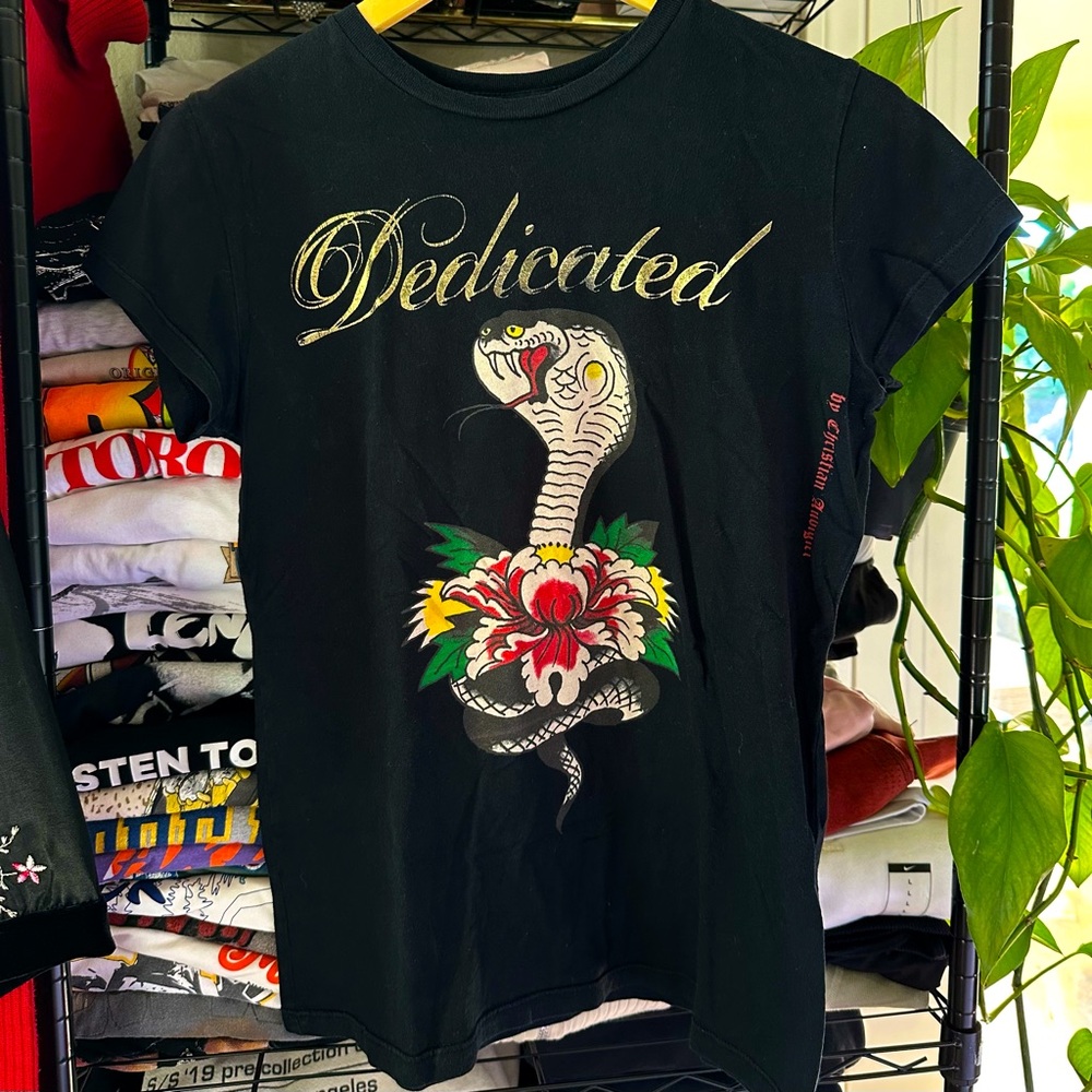 Y2K Ed Hardy Black T-Shirt with Colorful Tattoo Art